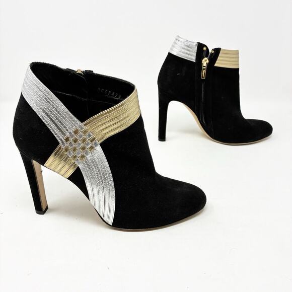 Salvadore Ferragamo Black Suede Silver and Gold Leather Accent Booties 7 - Picture 2 of 8